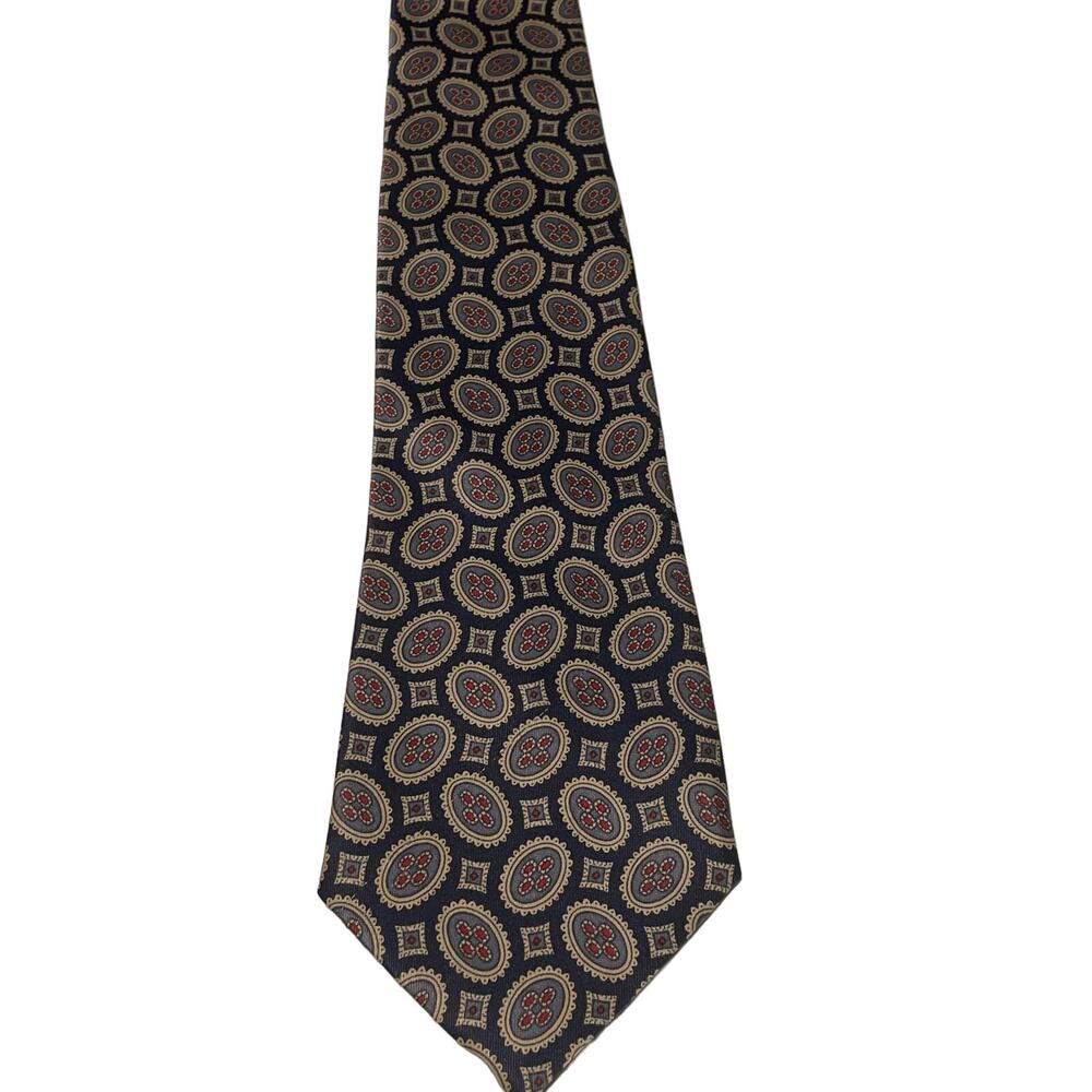 Vintage Merceds Hand Made 100% Silk Tie Navy Cream and Red Geometric Design EUC - Picture 3 of 8
